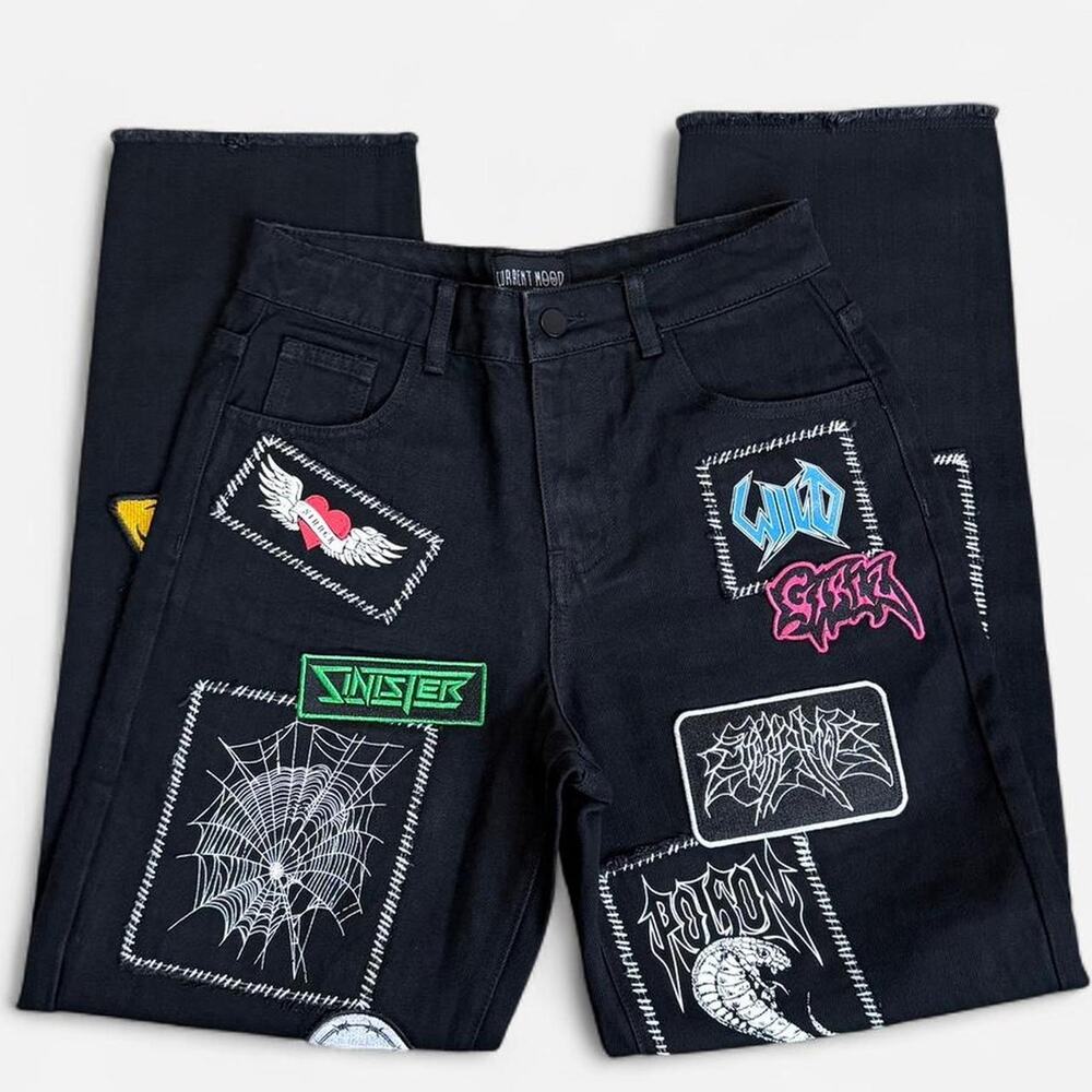 NWOT Dolls Kill Current Mood Black Patched Punk Distressed Hem Baggy Jeans XS